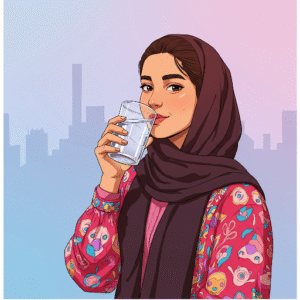 ختر نوجوان ایرانی با حجاب در حال نوشیدن آب، پس‌زمینه شهر رنگارنگ