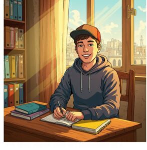 نوجوان دارد برای امتحان مطالعه میکند.