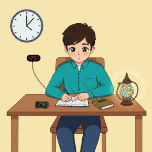 تصویر کارتونی یک پسر نوجوان با لباس ساده و پوشیده که پشت میز نشسته و روی کتابش تمرکز کرده. یک تایمر روی میز است و یک ساعت در پس‌زمینه ۲۵ دقیقه را نشان می‌دهد. فضای تصویر رنگارنگ و مدرن است.