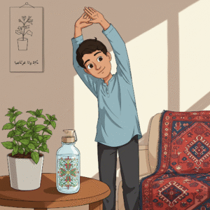 تصویر کارتونی مدرن یک پسر نوجوان با لباس ساده و پوشیده که در حال انجام یک حرکت کششی (بالا بردن دست‌ها) در اتاقی روشن است. یک بطری آب با طرح ایرانی و یک گلدان کوچک در پس‌زمینه دیده می‌شود. بدون نوشته یا تابلو.