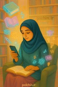 دختر دارد از موبایل برای مطالعه استفاده میکند