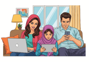 خانواده ایرانی درگیر گوشی و تبلت، نمادی از فاصله دیجیتال